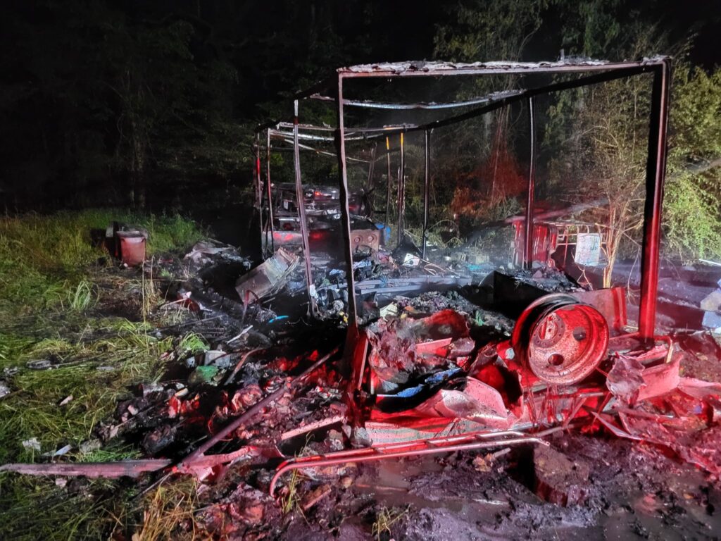 An RV was destroyed in a fire early Monday morning on Tilton Ranch Road