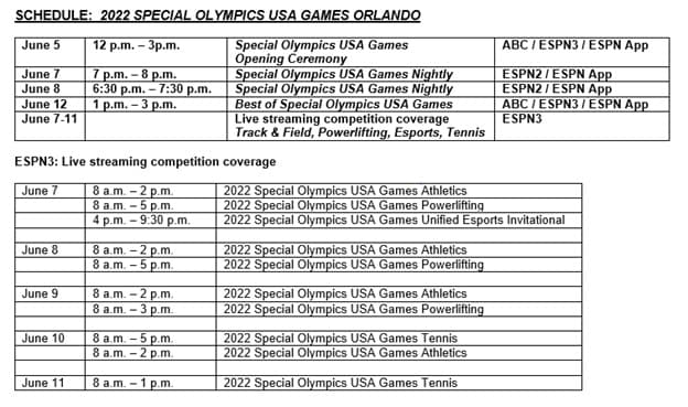 schedule special olympics usa games orlando 2022