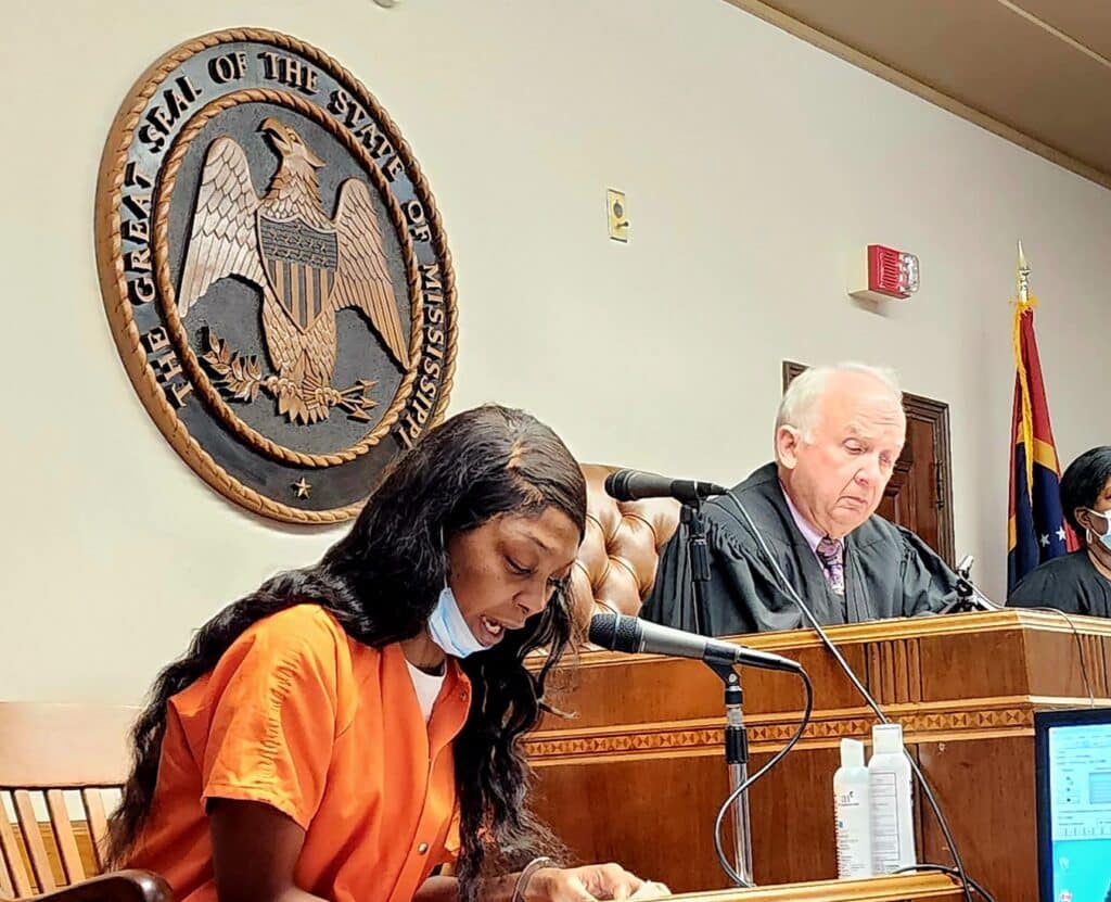 An emotional Talisha Butler pleads with the court at her sentencing hearing as Judge Chaney presides. Photo by David Day