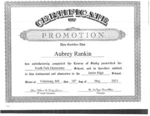 Aubrey Rankin certificate