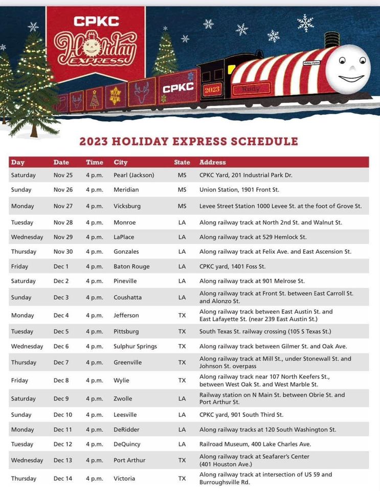 2023 Holiday Express schedule