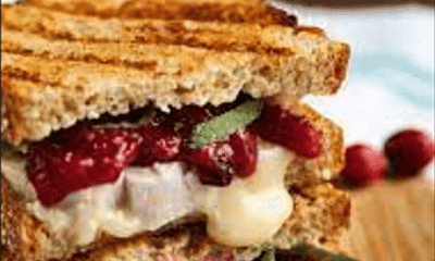 A panini made of Thanksgiving leftovers