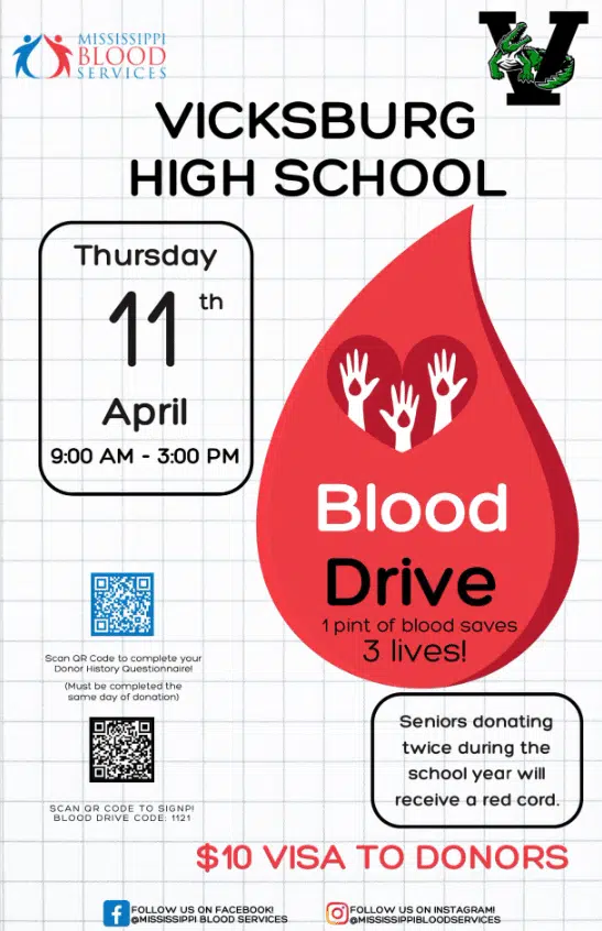 Vicksburg High School Hosting Blood Drive Thursday, April 11