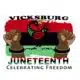 Vicksburg Juneteenth Heritage Festival logo featuring raised fists and a colorful background with the theme 'Celebrating F…