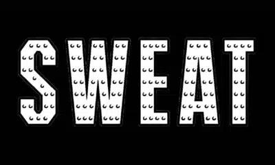 The word 'SWEAT' in bold, illuminated letters on a black background, promoting the play — Sweat play at the Strand Theatre