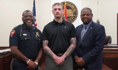 L-R Deputy Chief Tommy Curtis, Michael Gadd and Mayor Willis Thompson