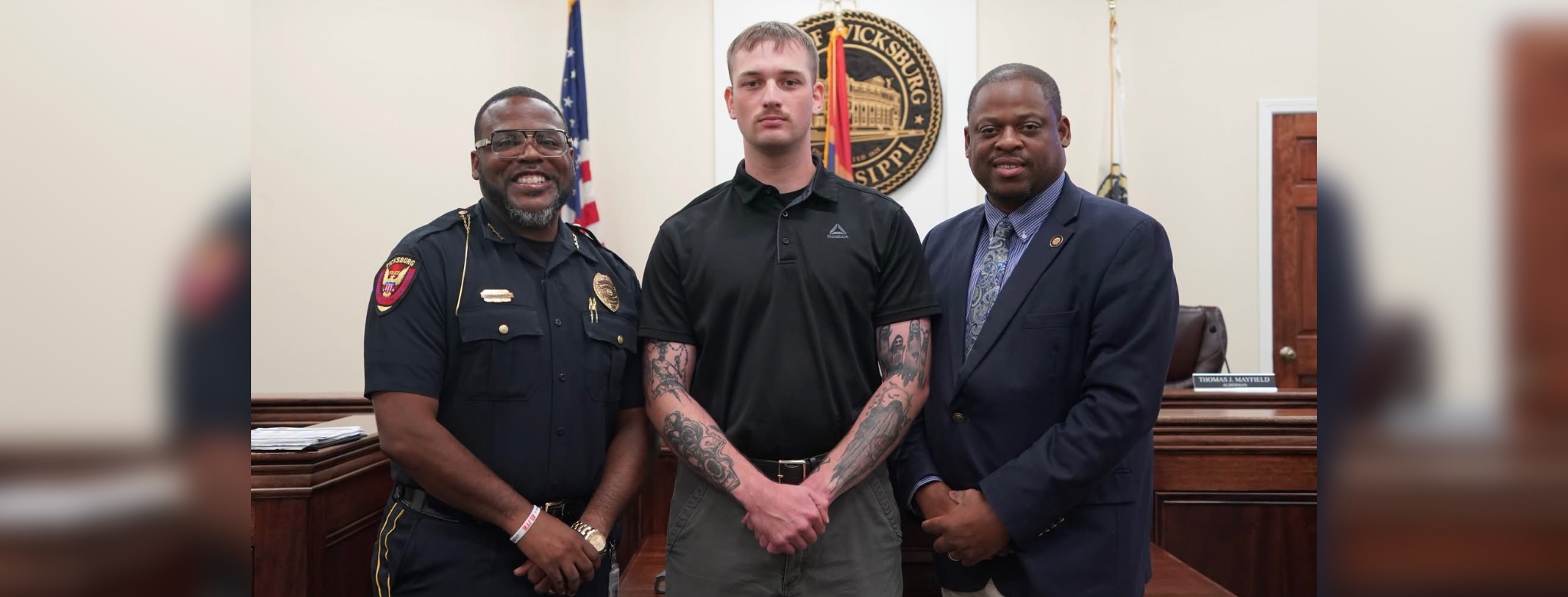 L-R Deputy Chief Tommy Curtis, Michael Gadd and Mayor Willis Thompson