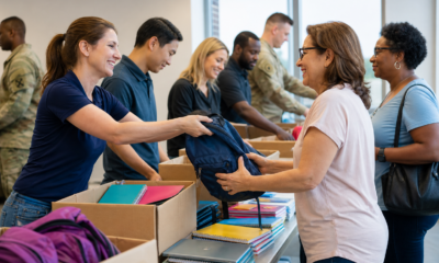 Volunteers handing out backpacks and school supplies to families at a donation event