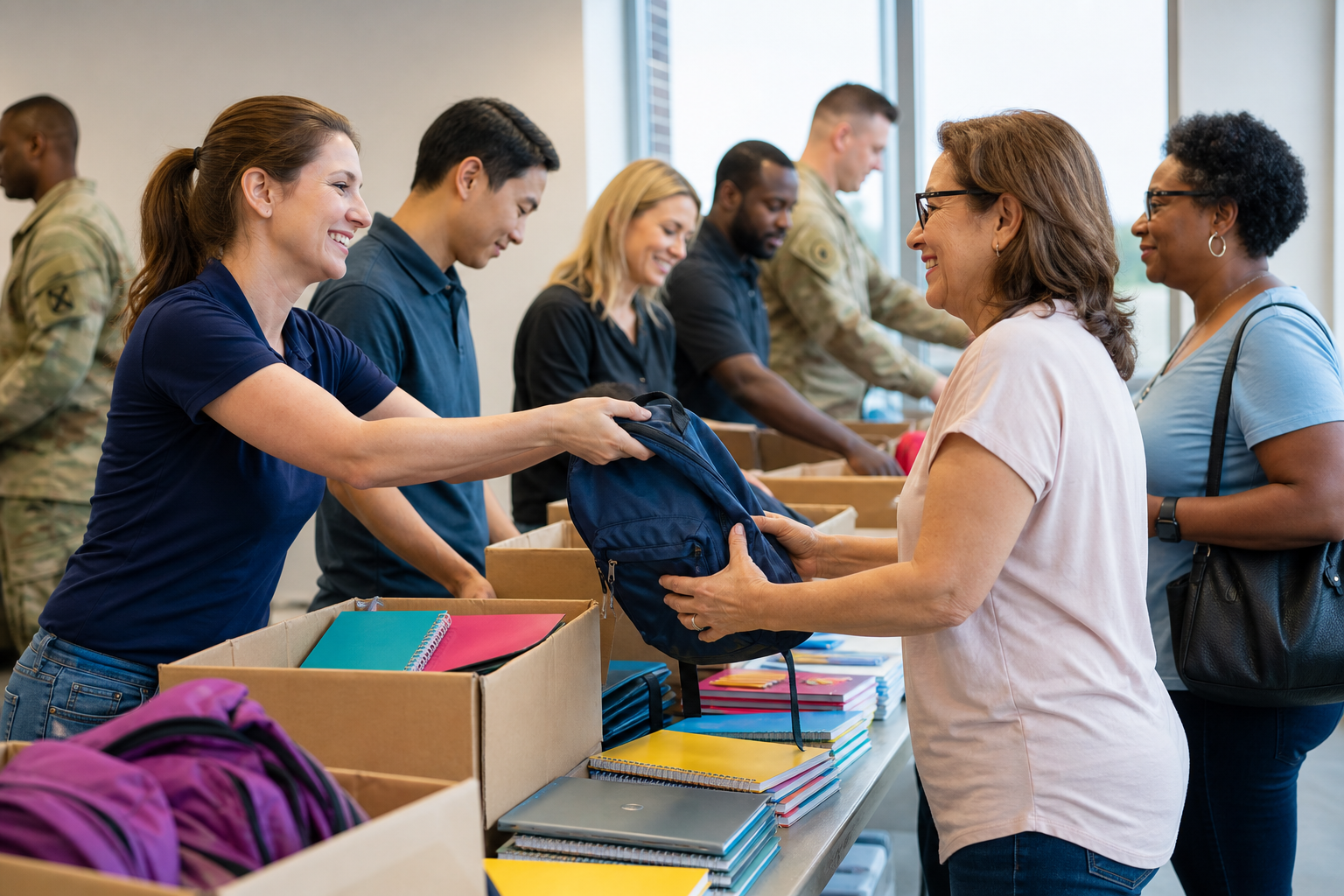 Volunteers handing out backpacks and school supplies to families at a donation event