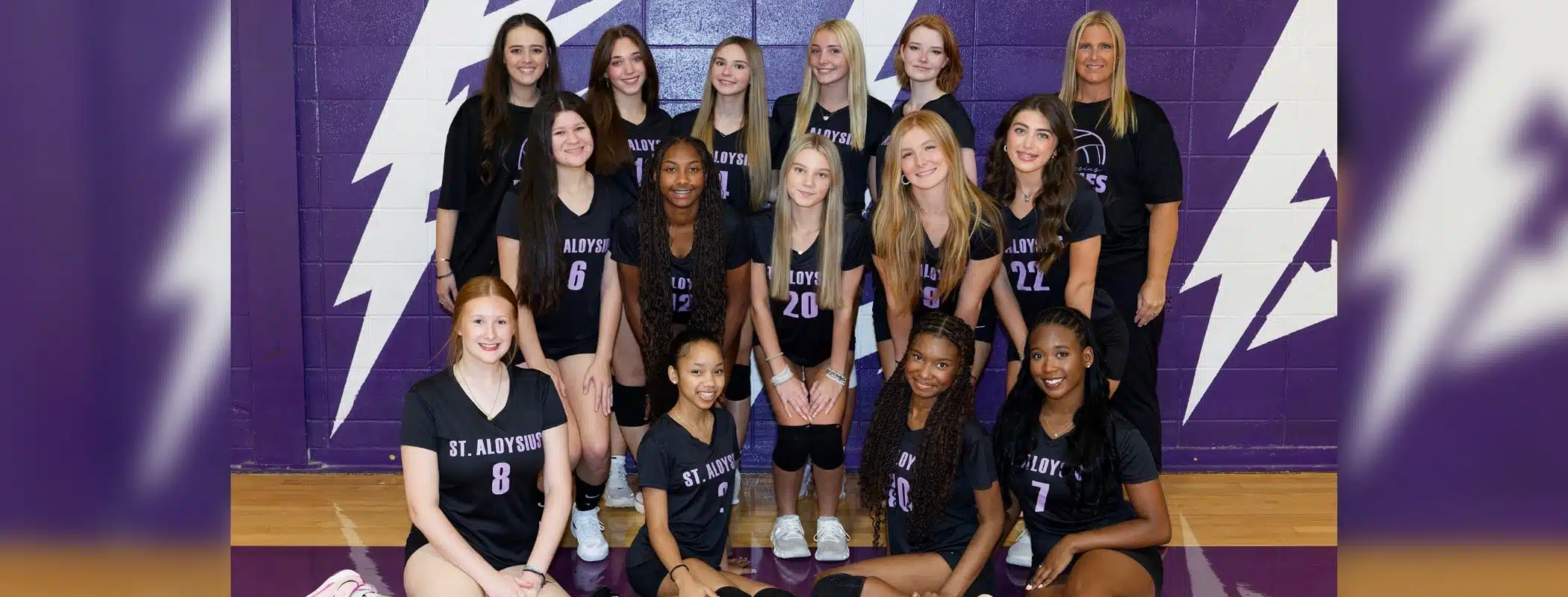 St. Aloysius Lady Flashes volleyball team poses together in their uniforms against a purple backdrop, celebrati — district