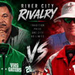 Promotional graphic for the River City Rivalry featuring two coaches and team jackets from VHS and WC. — Decades of rivalry