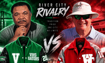 Promotional graphic for the River City Rivalry featuring two coaches and team jackets from VHS and WC. — Decades of rivalry