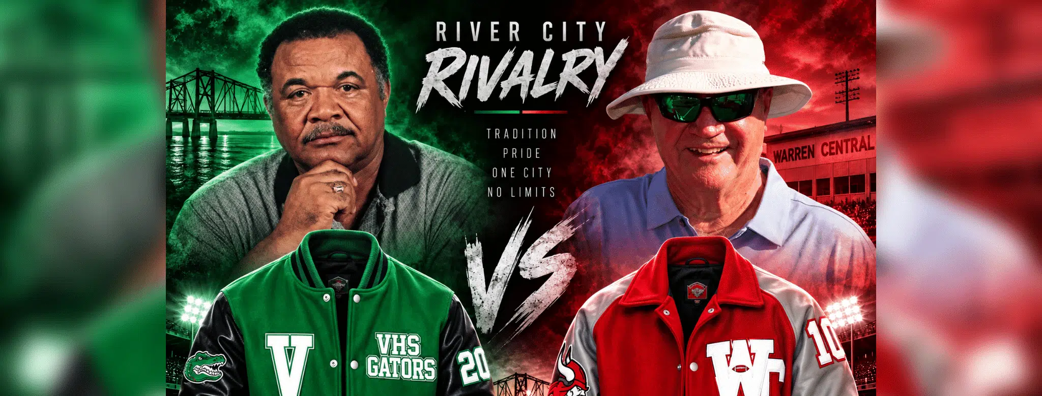 Promotional graphic for the River City Rivalry featuring two coaches and team jackets from VHS and WC. — Decades of rivalry