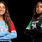 Two volleyball players, one in a blue and red jersey and the other — WC and VHS volleyball picked up road wins on Tuesday