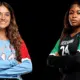Two volleyball players, one in a blue and red jersey and the other — WC and VHS volleyball picked up road wins on Tuesday