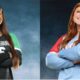 Two female volleyball players, one in a green jersey and the other in a red and blue jersey, posing — Volleyball Thursday