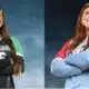 Two female volleyball players, one in a green jersey and the other in a red and blue jersey, posing — Volleyball Thursday