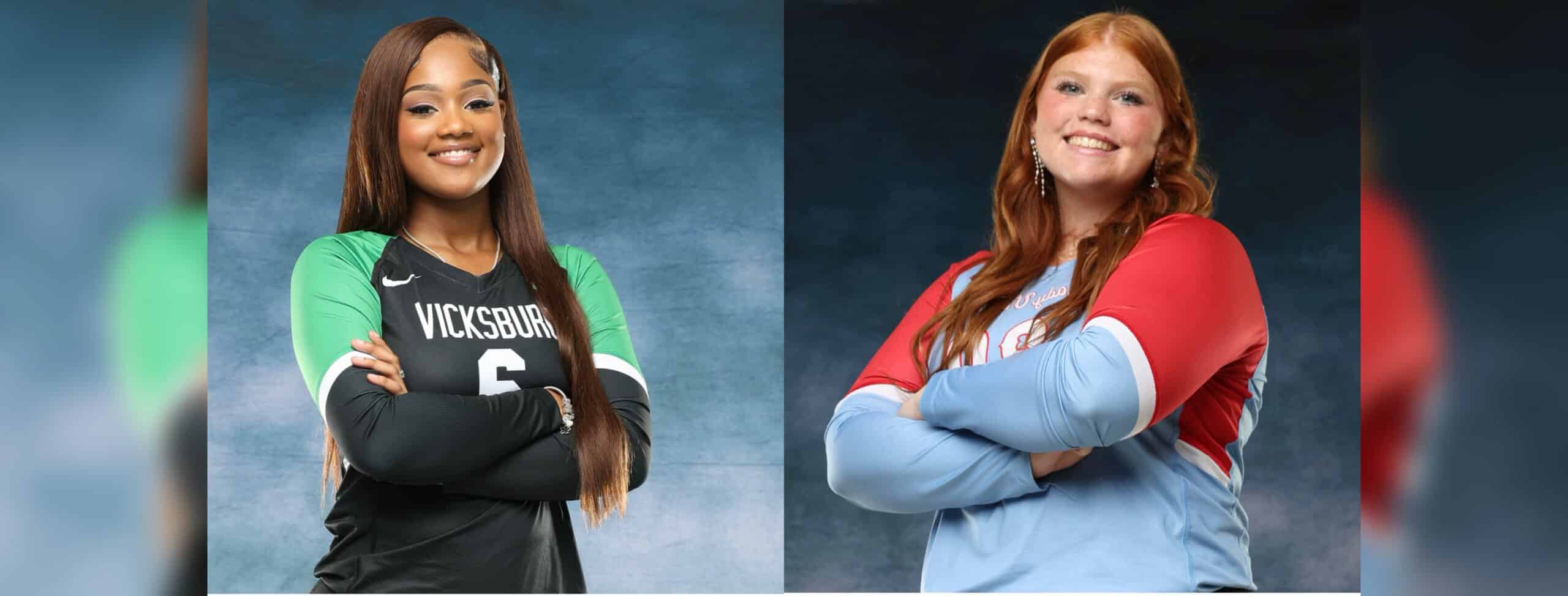 Two female volleyball players, one in a green jersey and the other in a red and blue jersey, posing — Volleyball Thursday