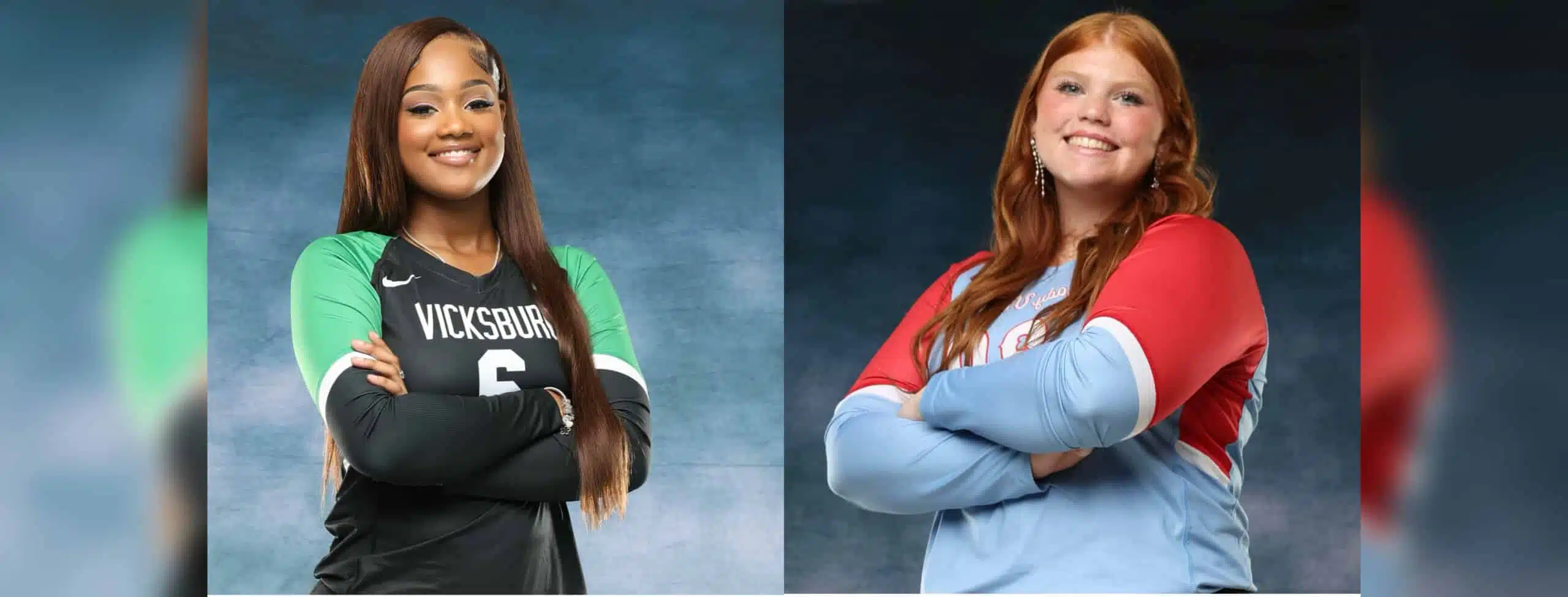 Two female volleyball players, one in a green jersey and the other in a red and blue jersey, posing — Volleyball Thursday