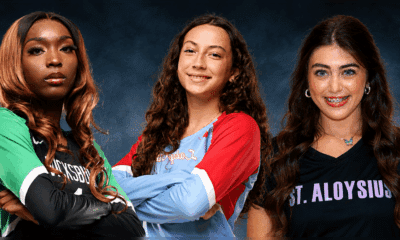 Three volleyball players from Vicksburg, Warren Central, and St. Aloysius pose confidently in their team jerseys.