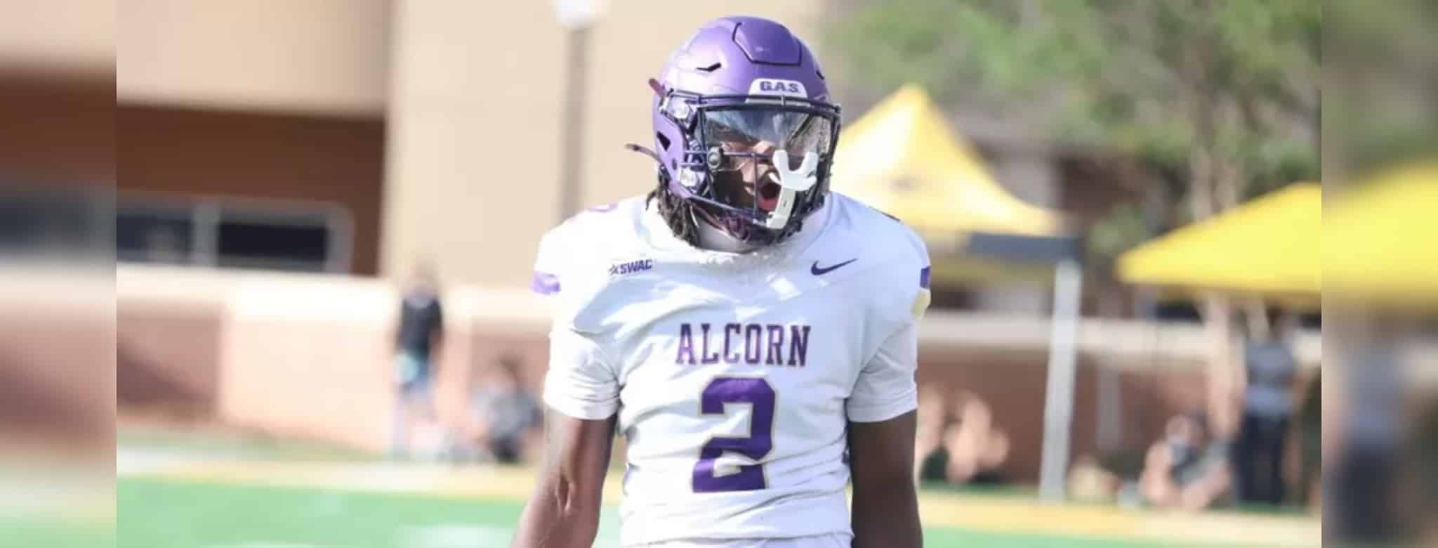 Alcorn football player in a white jersey with purple accents, p — Braves open conference play at Southern Heritage Classic