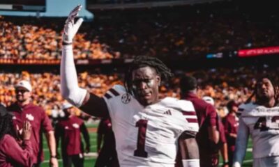 MSU football player celebrating after a touchdown during the game against Minnesota.