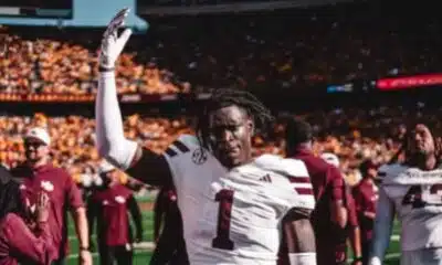 MSU football player celebrating after a touchdown during the game against Minnesota.
