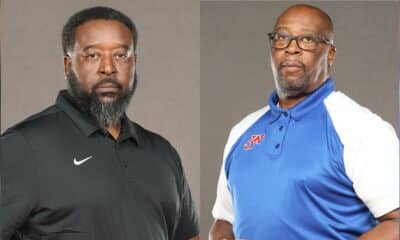Head coaches Troy Stewart and Keith Williams pose for a photo, both wearing team attire, with serious expressi — Schedules