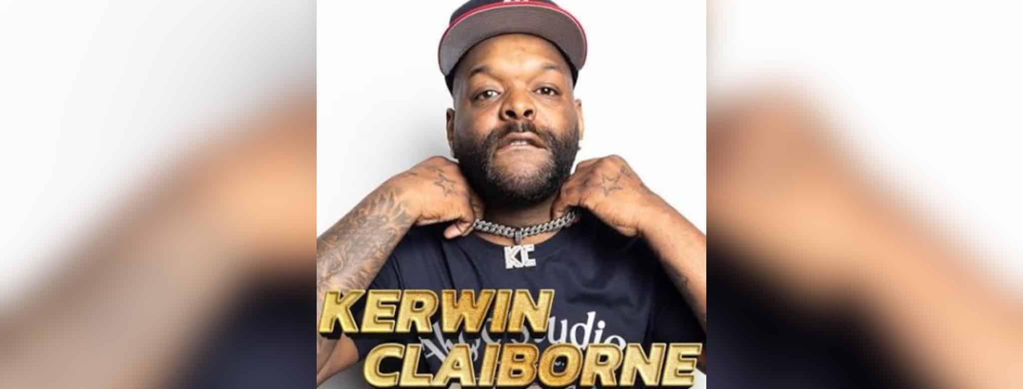 Kerwin Claiborne posing confidently while wearing a chain and a baseball cap, promoting his comedy show.