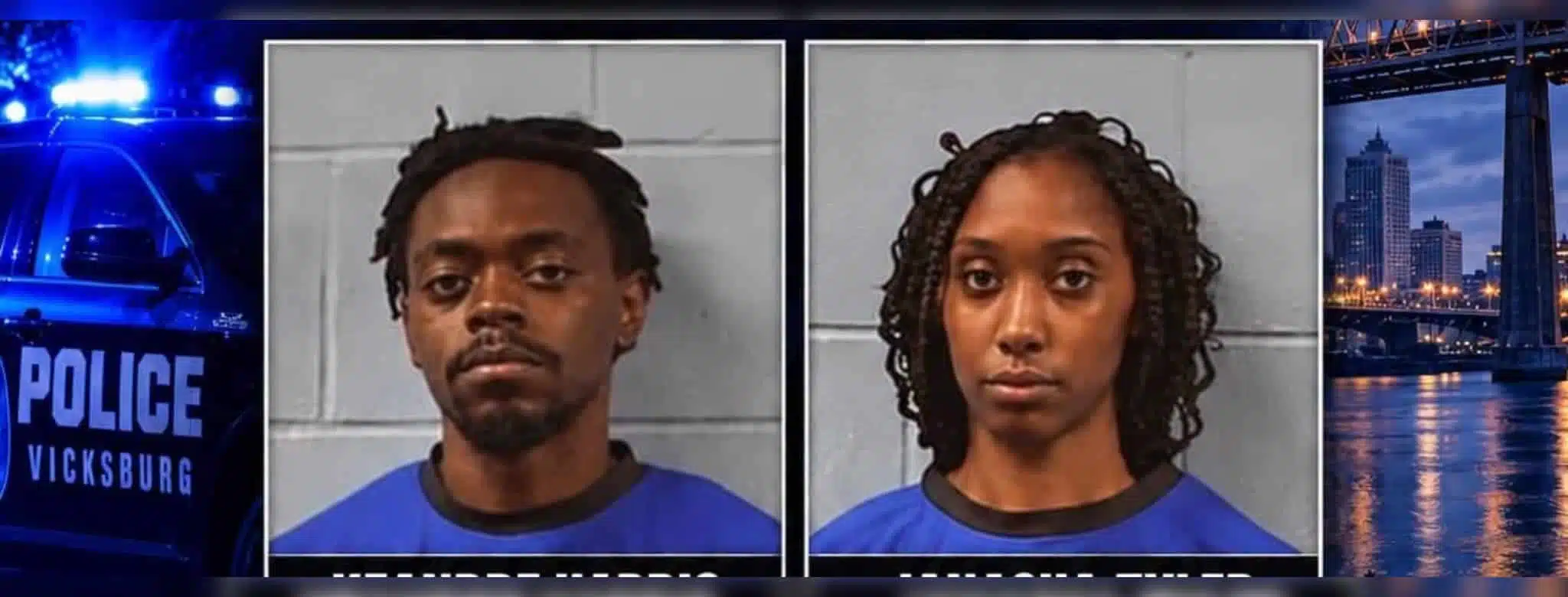 Two individuals in blue police uniforms, one male and one female, with a police backdrop related to the Halls Ferry shooting.