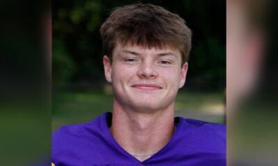 Keller Bradley, a football player in a purple jersey, smiles for the camera outdoors. — Flashes fall to Central Hinds