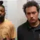 Two men, Kendrick Britton and Justin Cantrell, facing charges related to child sex crimes, standing against a height chart.