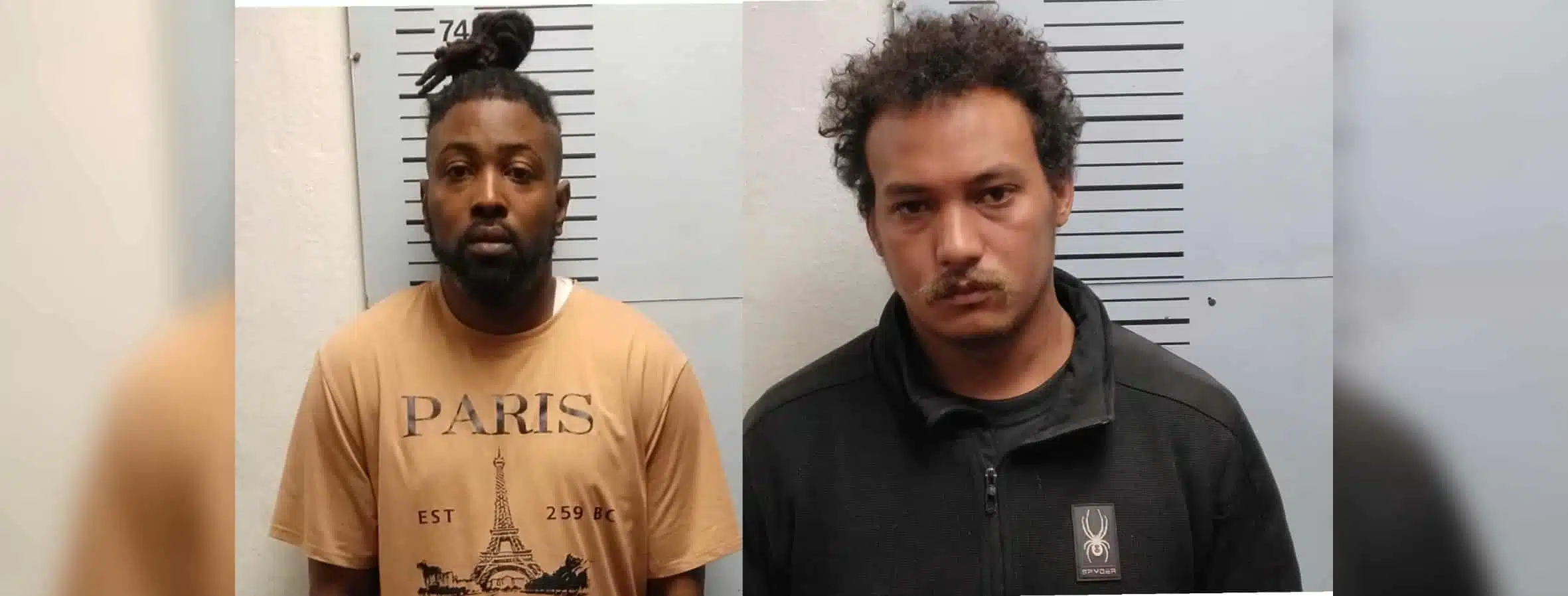 Two men, Kendrick Britton and Justin Cantrell, facing charges related to child sex crimes, standing against a height chart.