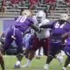 Alcorn State University football players in purple jerseys compete against Tex — Alcorn defeats Texas Southern in overtime