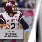 Ruffin in a Hinds football uniform holds the ball beside graphics showing 456 yards, 136 rushing yards and six touchdowns.
