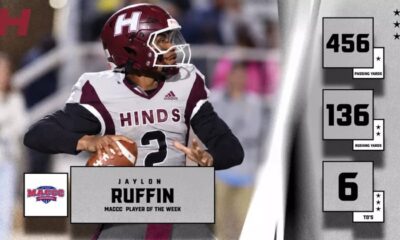 Ruffin in a Hinds football uniform holds the ball beside graphics showing 456 yards, 136 rushing yards and six touchdowns.