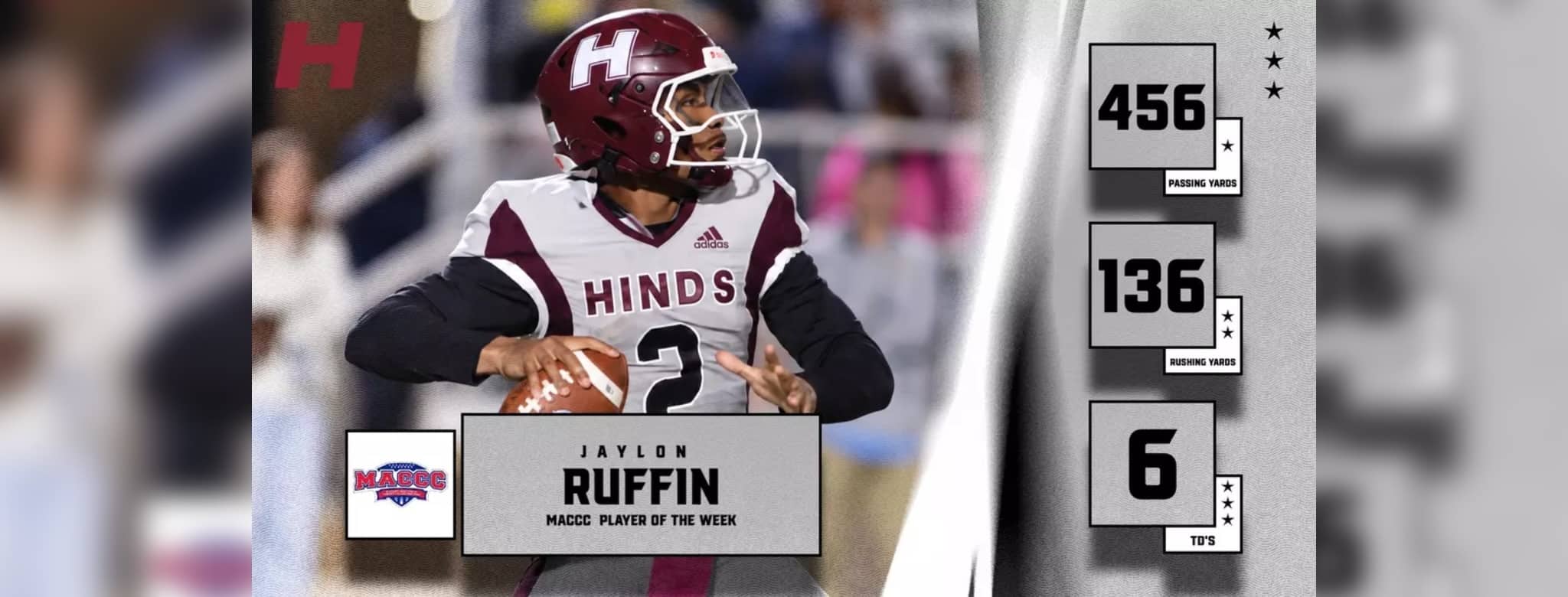 Ruffin in a Hinds football uniform holds the ball beside graphics showing 456 yards, 136 rushing yards and six touchdowns.