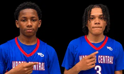 Gayvin Turner and Mason Truly in blue Warren Central basketball jerseys, pointing toward their uniforms.
