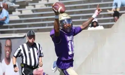 Alcorn State player celebrates after a touchdown during — Alcorn rolls past Arkansas Baptist 63-7 in a homecoming victory