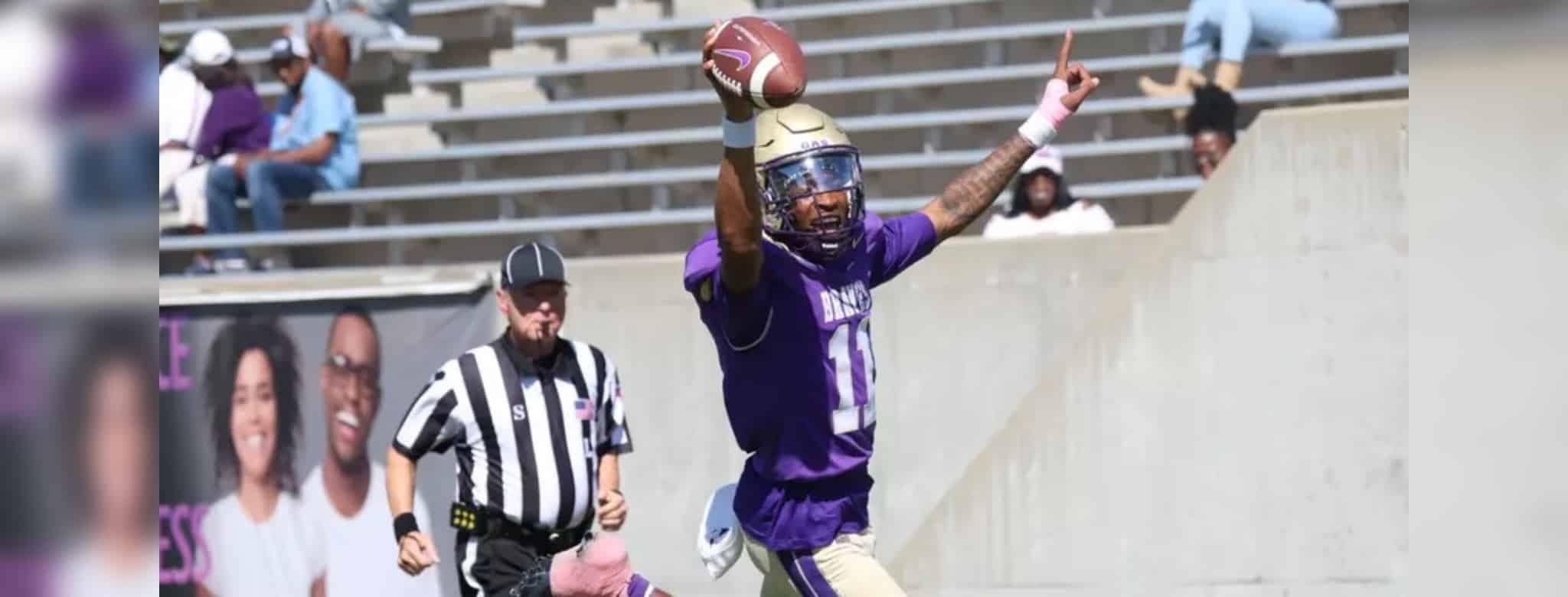 Alcorn State player celebrates after a touchdown during — Alcorn rolls past Arkansas Baptist 63-7 in a homecoming victory