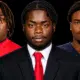 Three defensive linemen from Vicksburg in formal attire, showcasing their athleticism and teamwork.