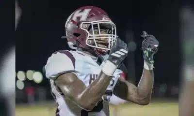 A Hinds Community College football player celebrating after a play during a game against Mississippi Delta, score 48-21.
