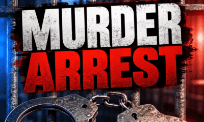 Graphic showing handcuffs with the text 'Murder Arrest' against a blurred background of police ligh — Patton Street murder