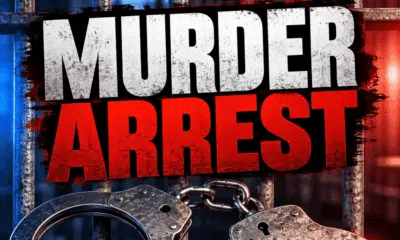 Graphic showing handcuffs with the text 'Murder Arrest' against a blurred background of police ligh — Patton Street murder