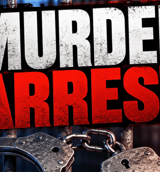 Graphic showing handcuffs with the text 'Murder Arrest' against a blurred background of police ligh — Patton Street murder