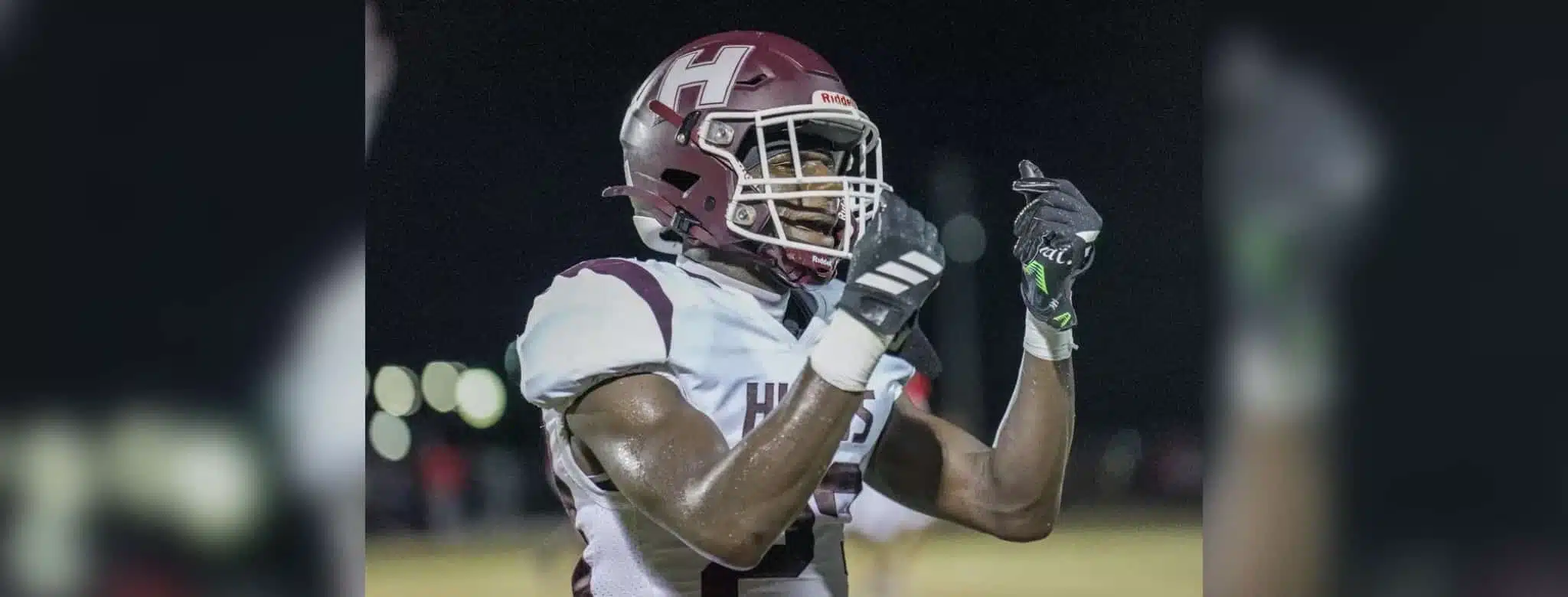 A Hinds Community College football player celebrating after a play during a game against Mississippi Delta, score 48-21.