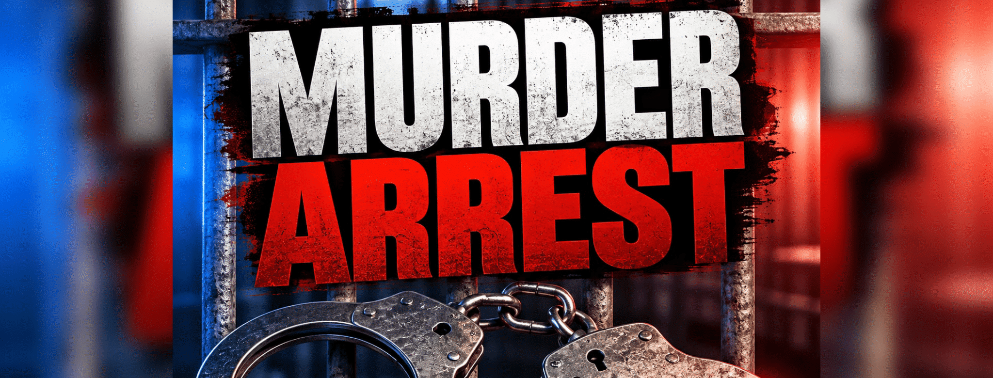 Graphic showing handcuffs with the text 'Murder Arrest' against a blurred background of police ligh — Patton Street murder