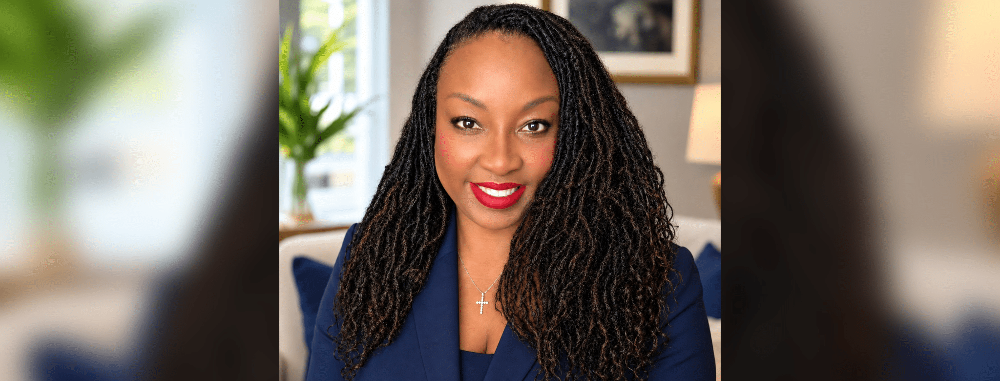 Portrait of Dr. Kim Carter Evans with long braided hair, wearing a navy blazer and red lipstick, smiling confidently.